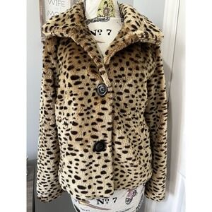 Vintage‎ Coffee Shop Medium Womens Jacket Faux Fur Animal Print Button High Neck